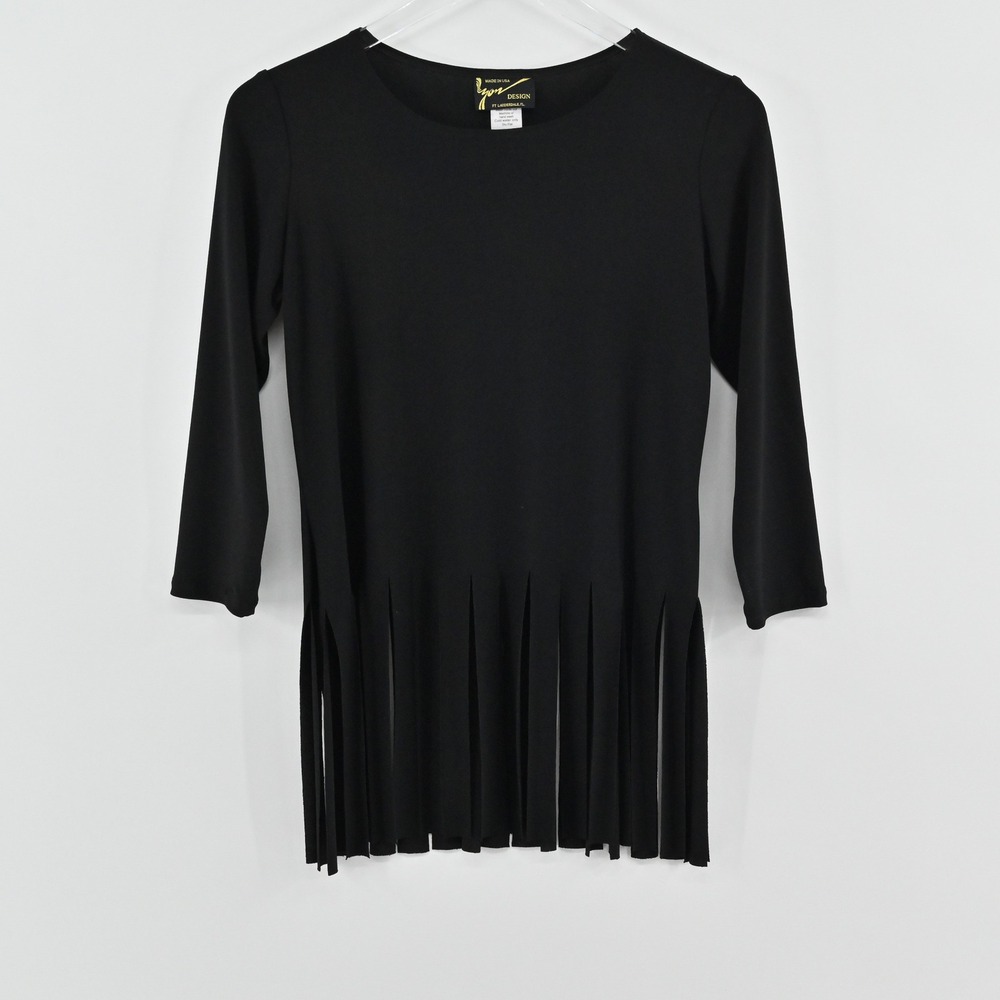 Yon Design Fringe Hem Tunic Top Womens Size XS Black Vintage Y2k Crepe De Jour